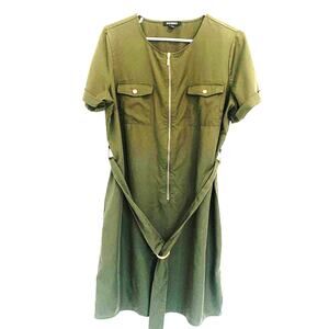 Olive Green Shift Short Dress 14  Gold Half Zip Pockets Tie Belt Preppy Office
